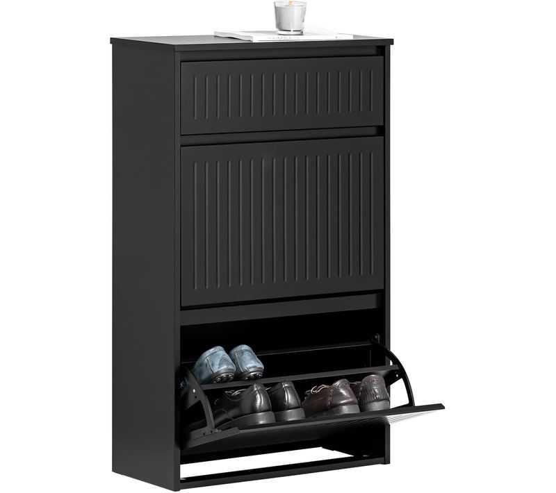 Meuble à Chaussures Meuble D'entrée Avec 2 Abattants 1 Tiroir Séparateur Réglable, Noir, Fsr165-sch