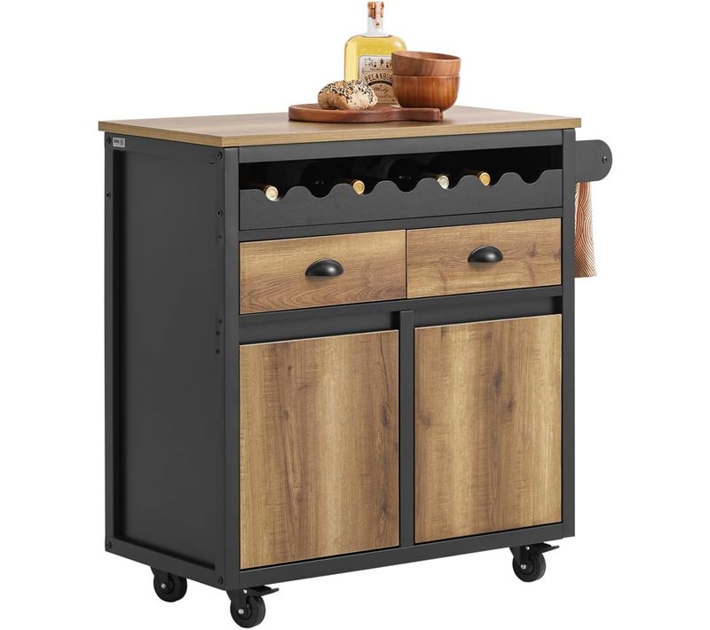 Desserte De Cuisine à Roulettes, 1 Porte-bouteilles, 2 Tiroirs Et 2 Portes, Marron, Fkw122-sch