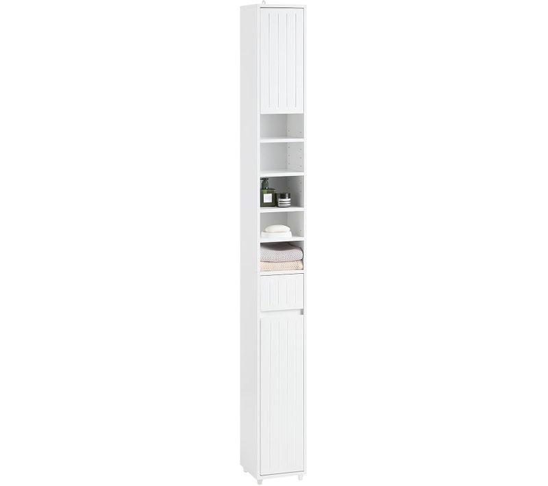 Colonne Salle De Bain Étroite, Avec 1 Tiroir, 2 Portes, 5 Compartiments Ouverts,Blanc, BZr160-w