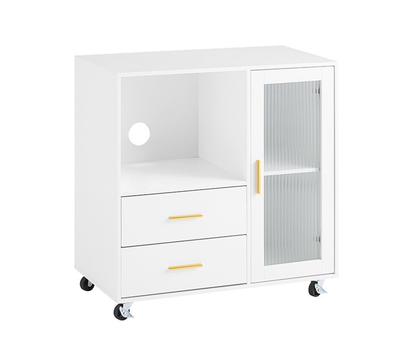 Caisson De Bureau à Roulettes Avec 2 Tiroirs Et Porte Vitrée, Support Imprimante, 75x40x76 Cm, Blanc