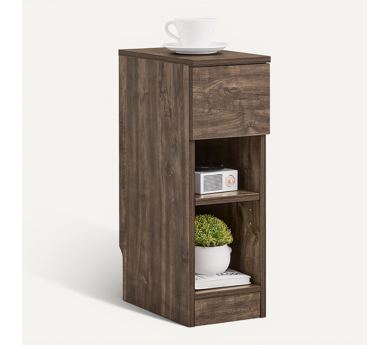 Table De Chevet Étroite Avec Tiroir Et 2 Étagères Pour Chambre Ou Salon, Marron, FBT111-SN
