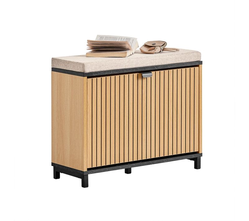 Banc à Chaussures Rembourré Avec Rangement Rabattable - Noir Et Bois Clair