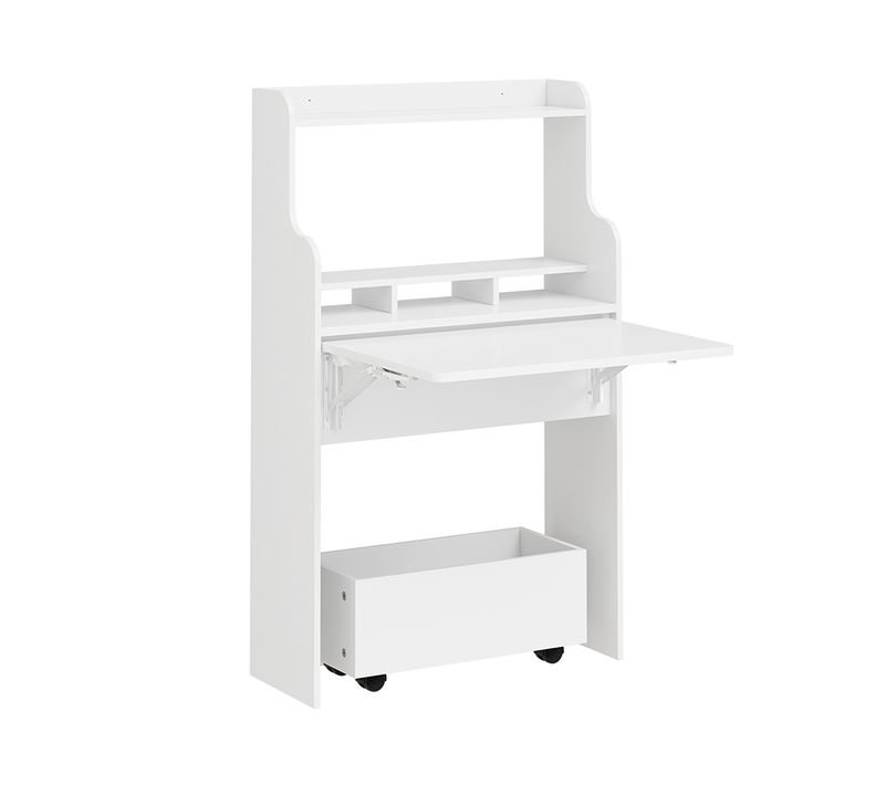 Bureau Mural Escamotable Blanc Avec Tiroir Et Roulettes 61x25x100 Cm Fwt105-ii-w