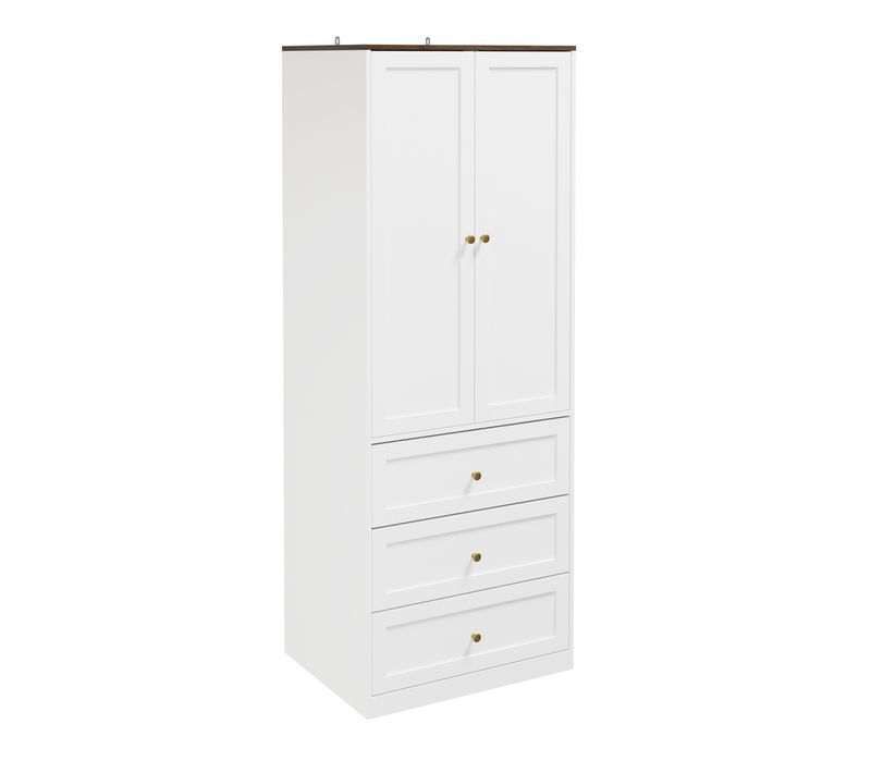 Armoire 2 Portes Battantes Avec 3 Tiroirs, Blanc Et Top Effet Bois, 70x55x187 Cm, Ksb04-w