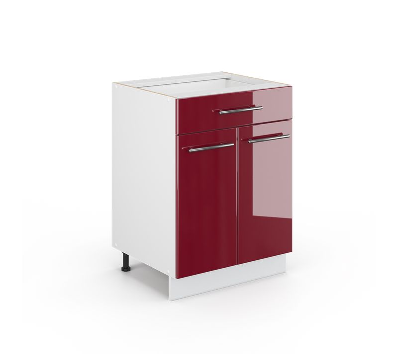 Meuble Cuisine Fame-line, Rouge Bordeaux Haute Brillance, 60cm Avec Tiroir