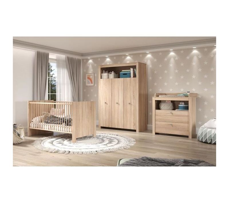 Ensemble Chambre Bébé Olivia 3 Pièces - Lit 70x140 Cm, Commode à Langer, Armoire 3 Portes