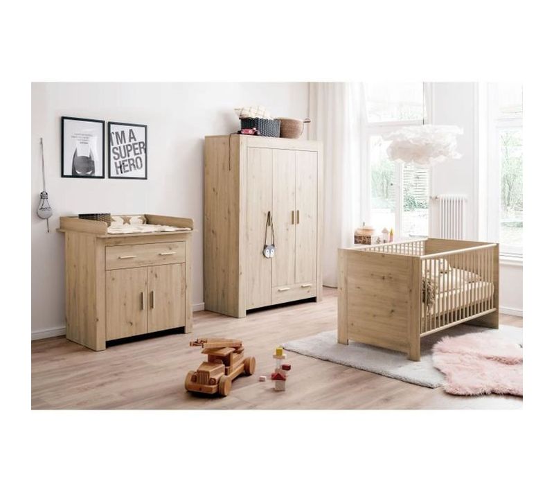 Chambre Bébé Trio : Lit 70 X 140 Cm + Commode à Langer + Armoire Ahoi - Chene - Trend Team