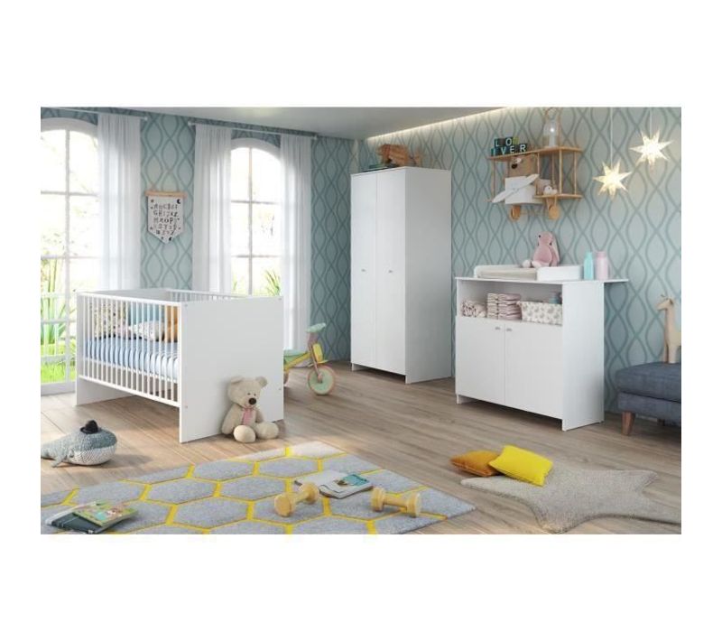 Chambre Bébé Trio : Lit 70 X 140 Cm + Commode à Langer + Armoire Niko - Blanc - Trend Team