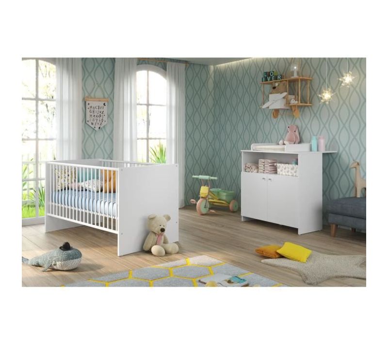 Chambre Bébé Duo : Lit 70 X 140 Cm + Commode à Langer Niko - Blanc - Trend Team