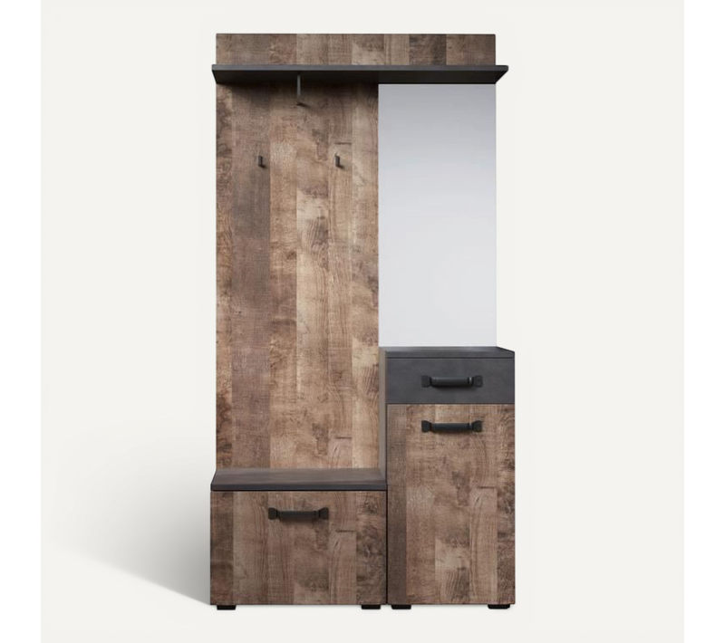 Meuble D'entrée, Vestiaire Smile - Mélaminé Chêne Tabac Et Gris Mat - L 104 X P 32 X H 190 Cm