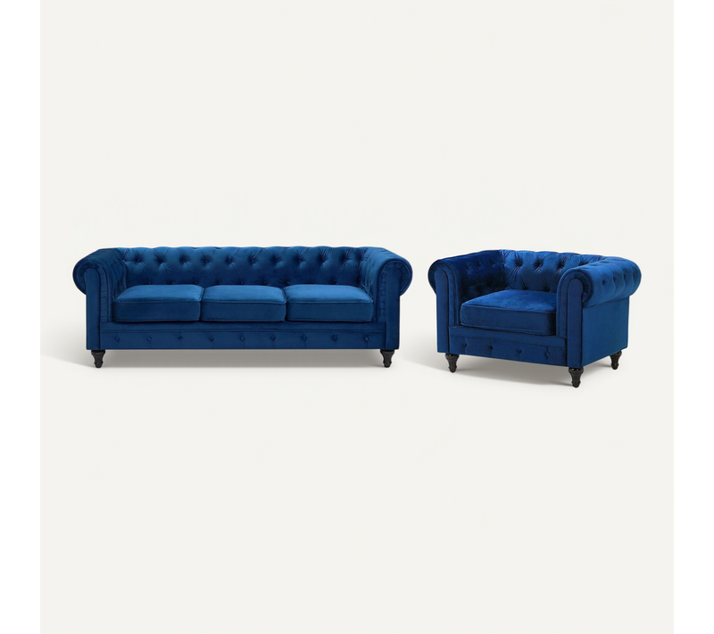 Ensemble Canapé Et Fauteuil En Velours Bleu Cobalt 4 Places Chesterfield