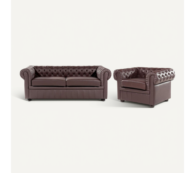 Ensemble Canapé Et Fauteuil En Cuir Marron 4 Places Chesterfield
