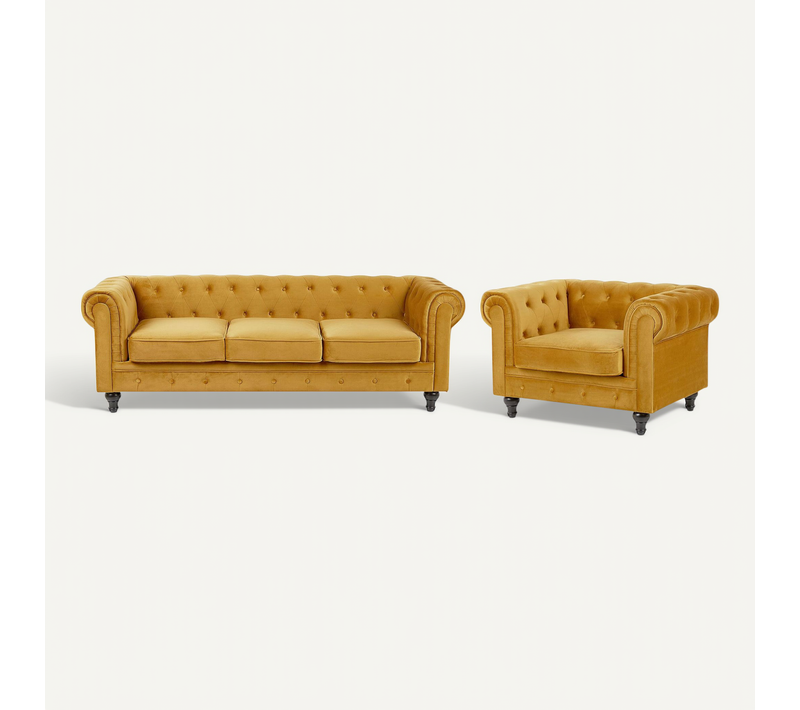 Ensemble Canapé Et Fauteuil En Velours Jaune Moutarde 4 Places Chesterfield