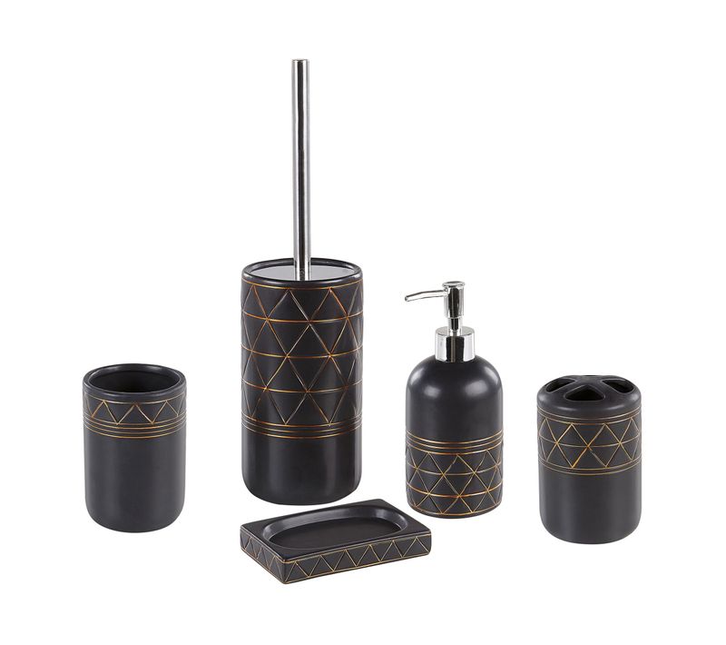 Lot De 5 Accessoires De Salle De Bains En Céramique Noir Et Doré Lanco