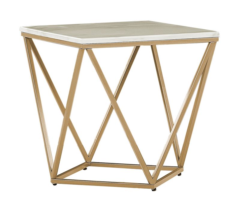 Table Appoint Carrée Effet Marbre Beige / Pied Or 50 X 50 Cm Malibu