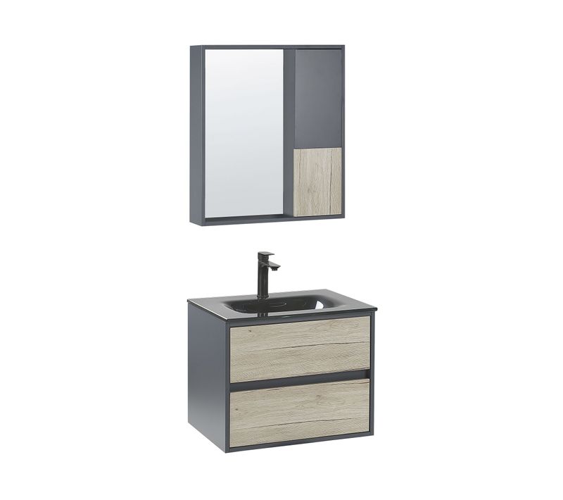 Meuble Vasque Avec Miroir Et Cabinet 60 Cm Bois Clair Et Gris Teruel