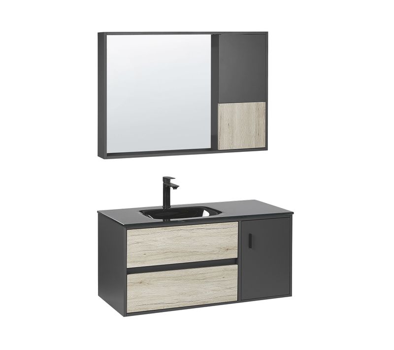 Meuble Vasque Avec Miroir Et Cabinet 100 Cm Bois Clair Et Noir Teruel
