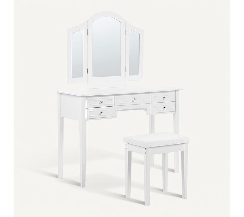 Coiffeuse à 5 Tiroirs Avec Miroir Et Tabouret Blanche Lumiere