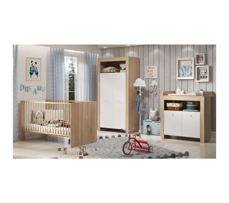 Chambre Bébé Trio Pia - Lit 70 X 140 Cm + Commode à Langer 2 Portes + Armoire 2 Portes