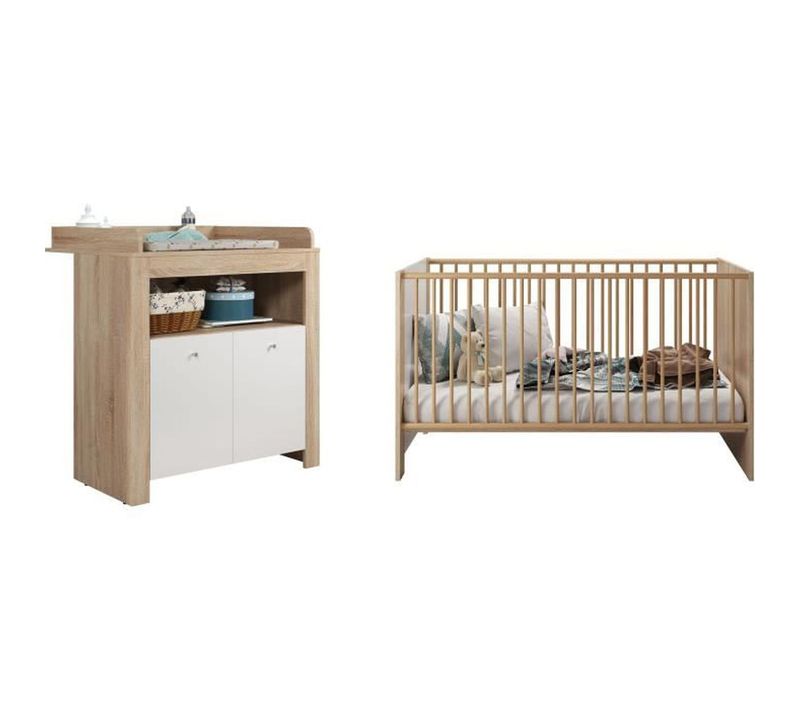 Chambre Bébé Duo Pia - Lit 70x140 Cm + Commode à Langer 2 Portes - Décor Chene Sonoma Et Blanc Mat