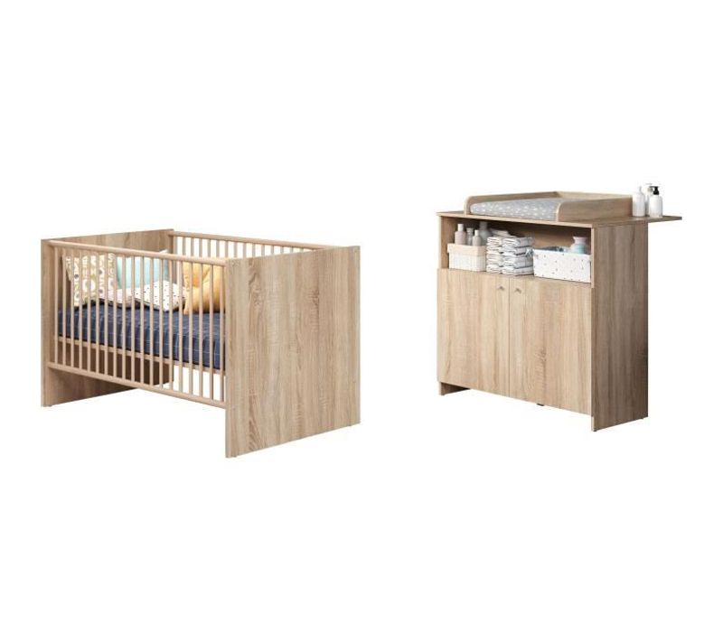 Chambre Bébé Duo Niko - Lit 70x140 Cm + Commode à Langer 2 Portes - Décor Chene Naturel
