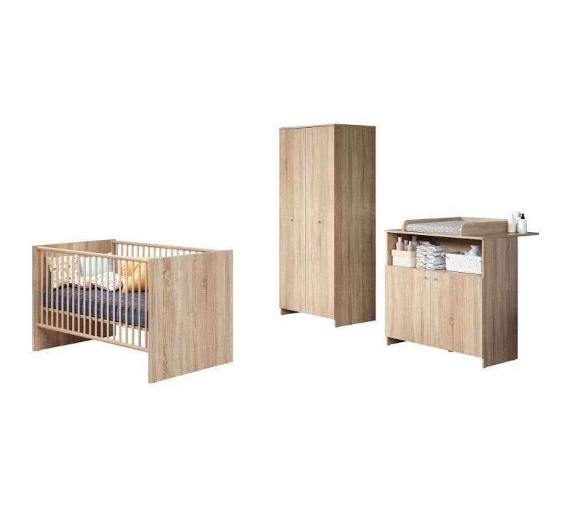 Chambre Bébé Trio Niko - Lit 70x140 Cm, Armoire 2 Portes et Commode à Langer