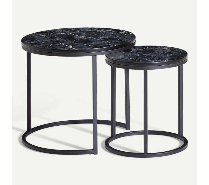 Table D'appoint Lot De 2 Effet Marbré Table Basse De Salon Ronde Moderne Noir