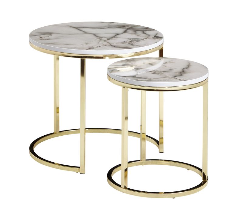 Table D'appoint Lot De 2 Effet Marbré Table Basse De Salon Ronde Moderne Blanc