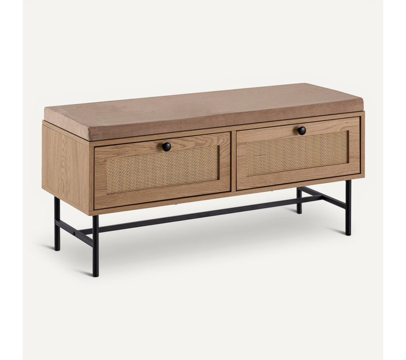 Banc à Chaussures 100 Cm Rembourré Décor Chêne Tiroirs Rotin Moderne