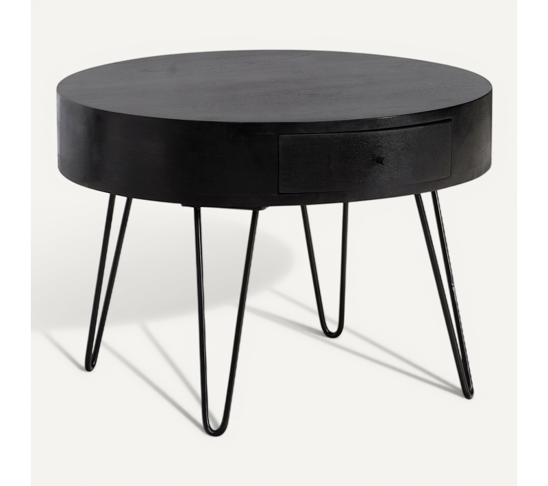 Table Basse Café De Salon 60 Cm Bois Massif Ronde Tiroir Pieds Épingle