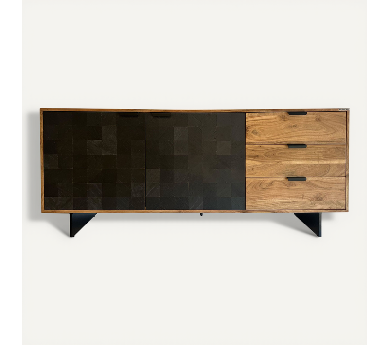 Buffet Haute 180 Cm Bois Massif D'acacia 3 Tiroirs Portes Aspect Pierre
