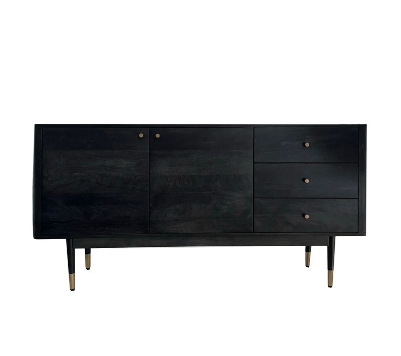 Buffet 160 Cm Bois Massif D'acacia Noir Commode Portes Tiroirs Salon