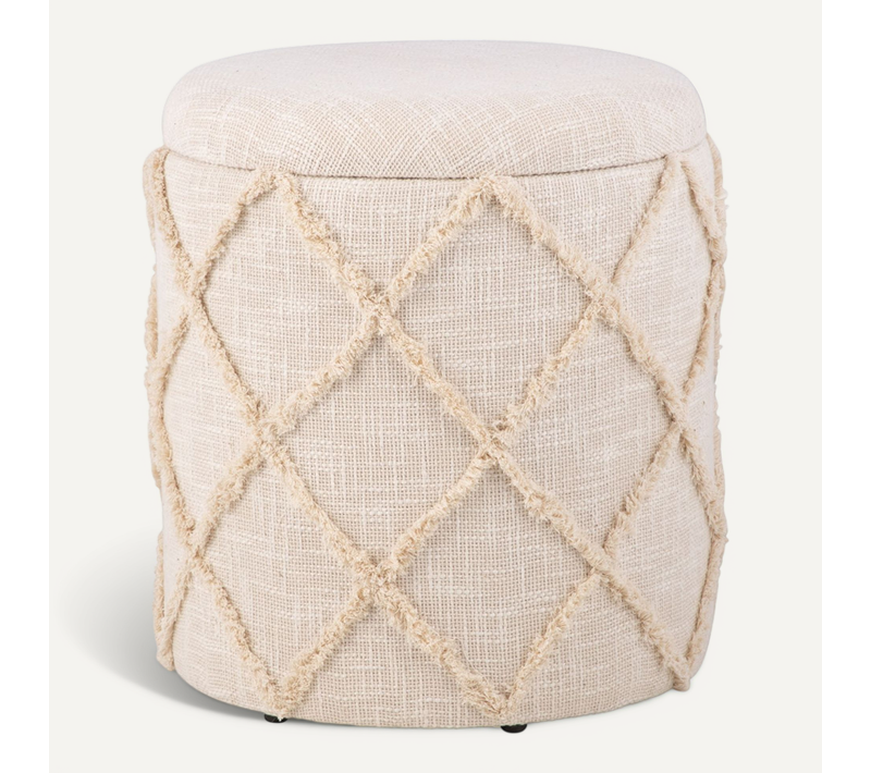 Tabouret Rangement Rond 40x45 Cm Coton Crème Style Bohème Déco Salon