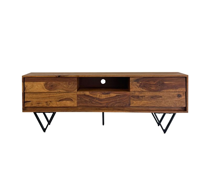 Meuble TV Sheesham 160 Cm Bois Massif Pieds Métal Style Industriel