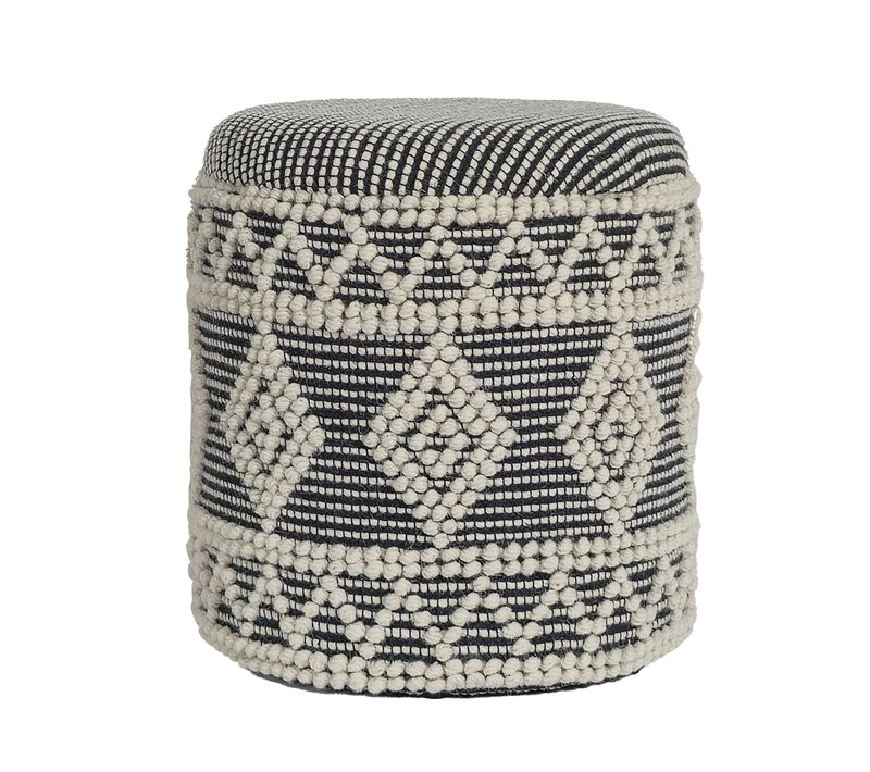 Tabouret Rangement Laine Gris Crème Rond Design Bohème Pour Salon