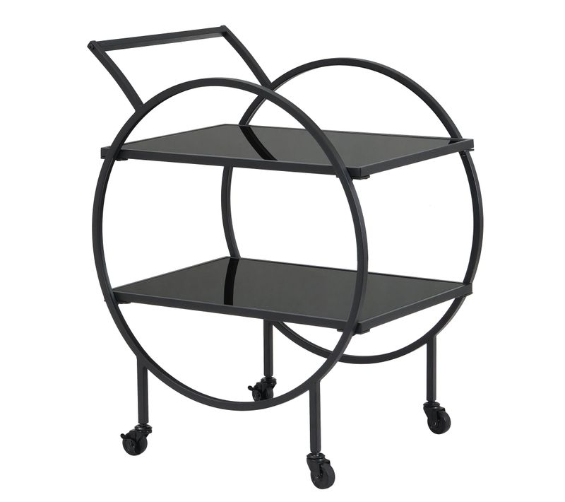 Desserte Chariot De Bar En Métal Noir, Étagères En Verre, 2 Niveaux, Roulettes