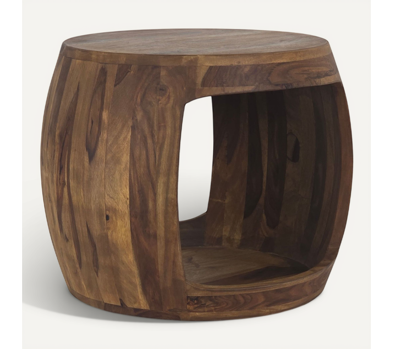 Table D'appoint D. 50cm Sheesham Bois Massif Rond Rangement Basse Table De Salon