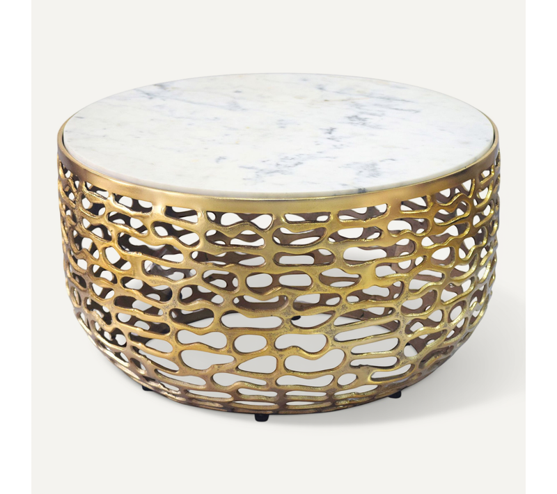 Table Basse Or Design En Métal Plateau Marbre Blanc Table De Salon Ronde 60cm