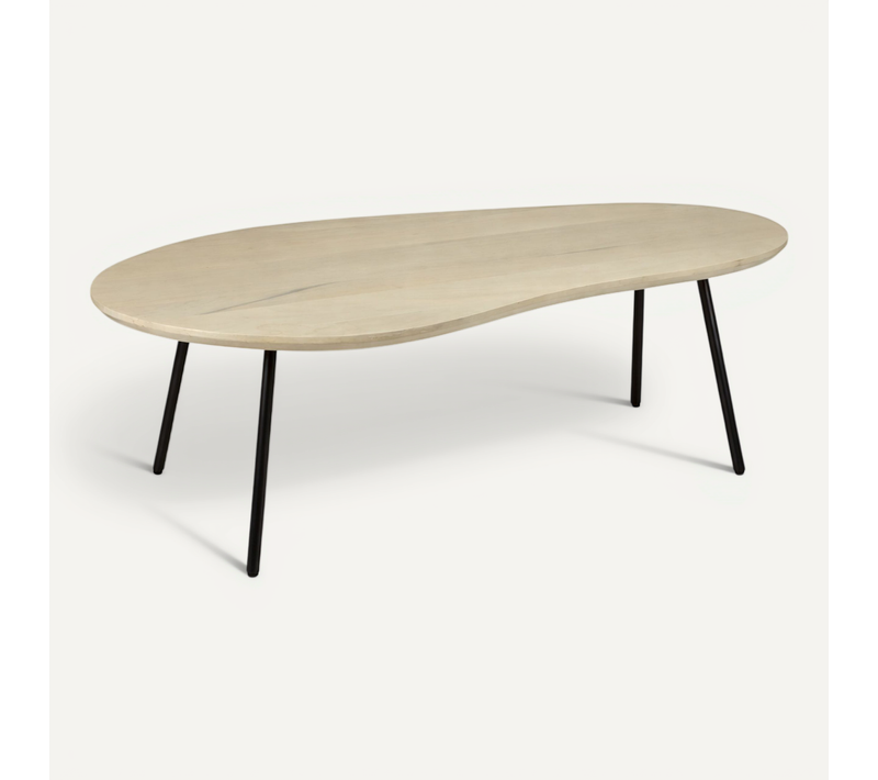 Table Basse Forme De Rein 122cm Bois Massif Blanc Délavé Table Salon D'appoint