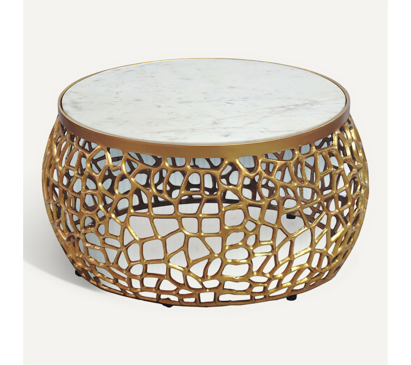 Table Basse Métal Avec Plateau En Marbre Blanc Table De Salon Dorée Ronde 60cm