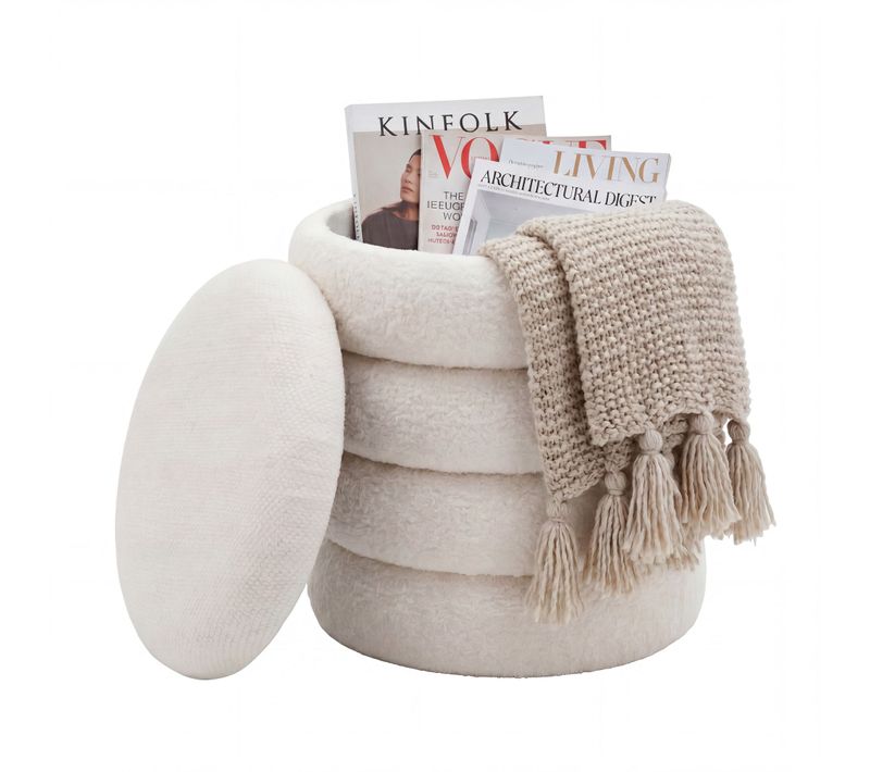 Tabouret Pouf De Rangement Tissu Teddy 40cm Crème Rond Rembourré Boho Fait Main