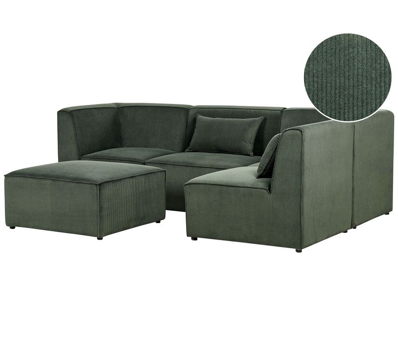 Canapé D'angle Côté Gauche Modulable 4 Places En Velours Côtelé Vert Foncé Avec Ottoman Lemvig