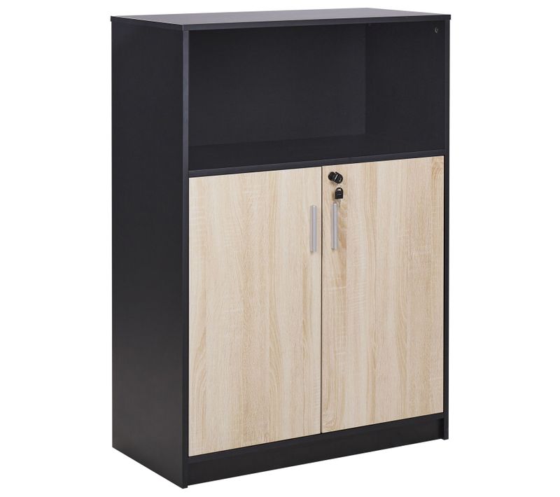 Armoire à 2 Portes Bois Clair Et Noir Avec Étagère 117 Cm Zehna