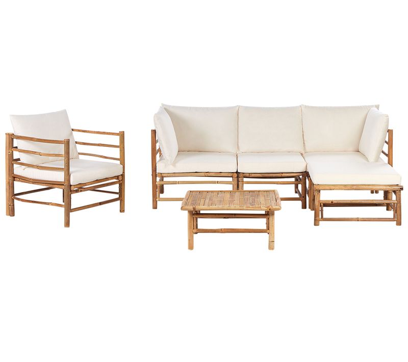 Ensemble De Salon De Jardin Avec Table 5 Places Cerreto Côté Gauche Bambou Blanc Cassé