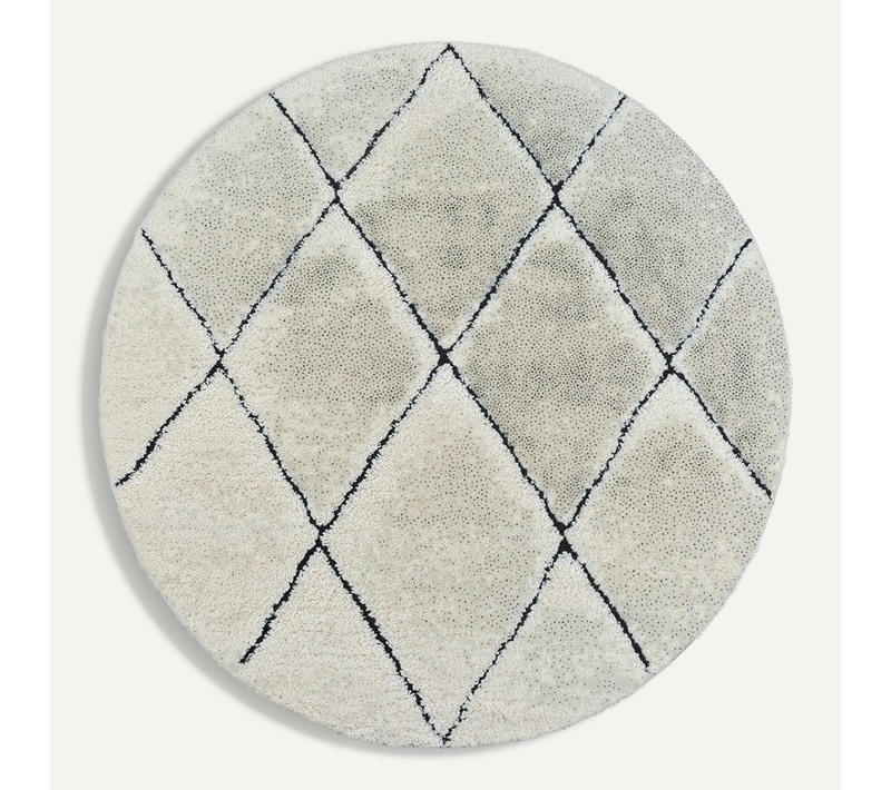Tapis Bahar Shaggy Moderne Losange, Blanc Noir, 120 Cm Ronde