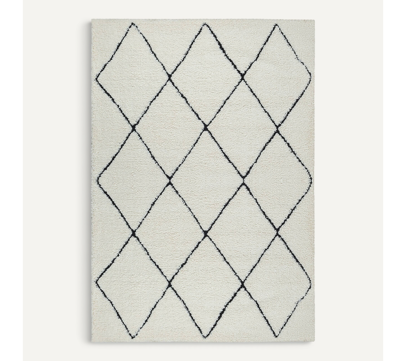 Tapis Bahar Shaggy Moderne Losange, Blanc Noir, 140x200 Cm