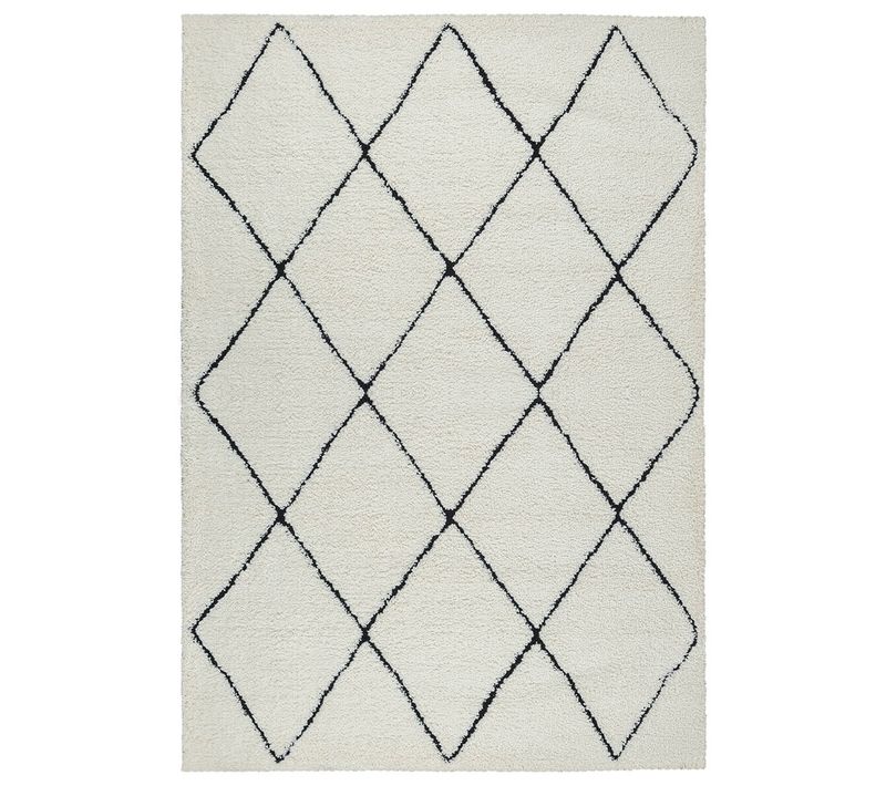 Tapis Bahar Shaggy Moderne Losange, Blanc Noir, 240x340 Cm