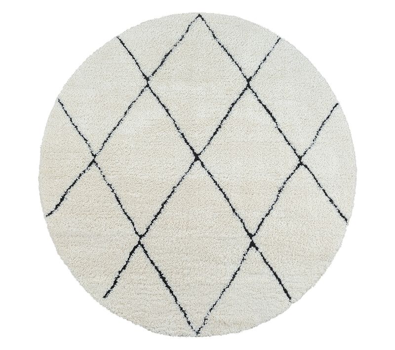 Tapis Bahar Shaggy Moderne Losange, Blanc Noir, 160 Cm Ronde
