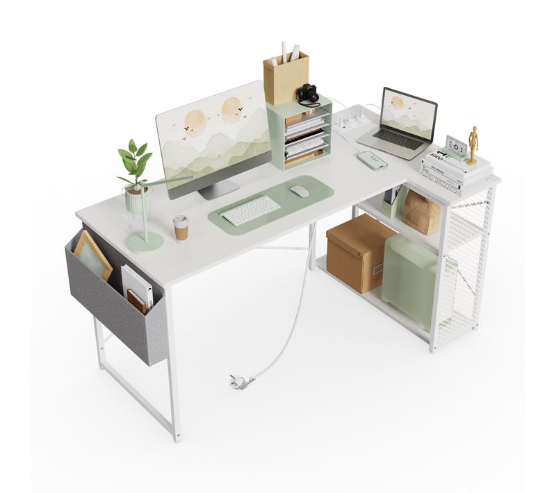 Bureau Informatique Avec Étagère, Bureau D’angle En L, Ports USB Et Prise Secteur, 120 cm,blanc