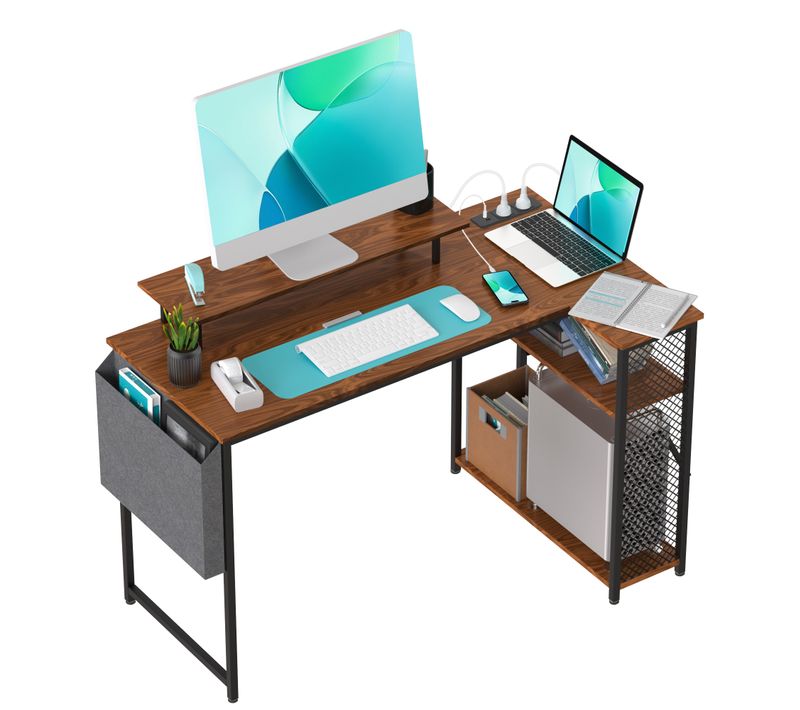 Bureau Informatique Avec Étagère, Bureau D’angle En L, Ports USB Et Prise Secteur, 120 Cm,brun